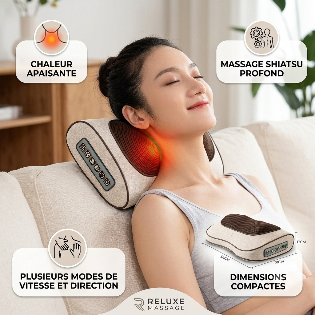 Coussin de luxe massage shiatsu chauffant, ergonomique pour dos nuque et épaules.