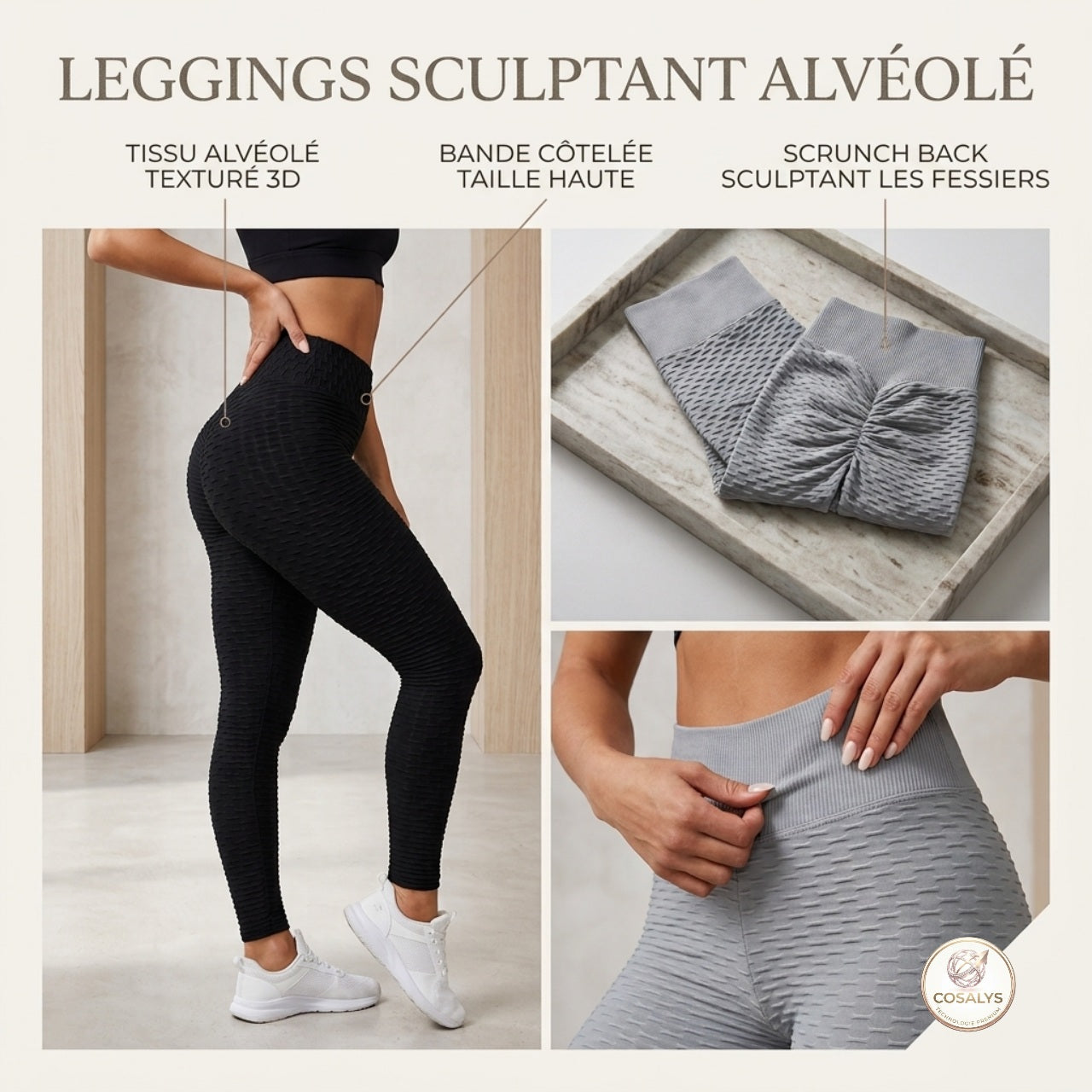 Legging de sport alvéolé anti cellulite et push-up - taille haute.