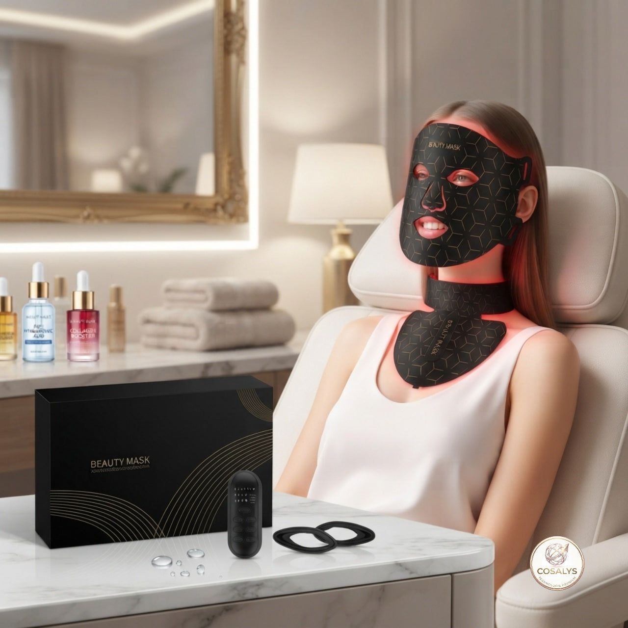Masque luminothérapie LED visage-cou-décolleté - détente, anti-age, anti tache brune professionnel